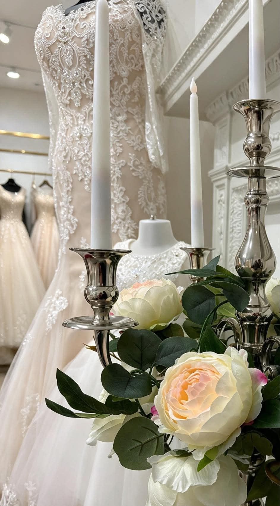 A lace gown on a mannequin behind silver candlesticks and blush roses