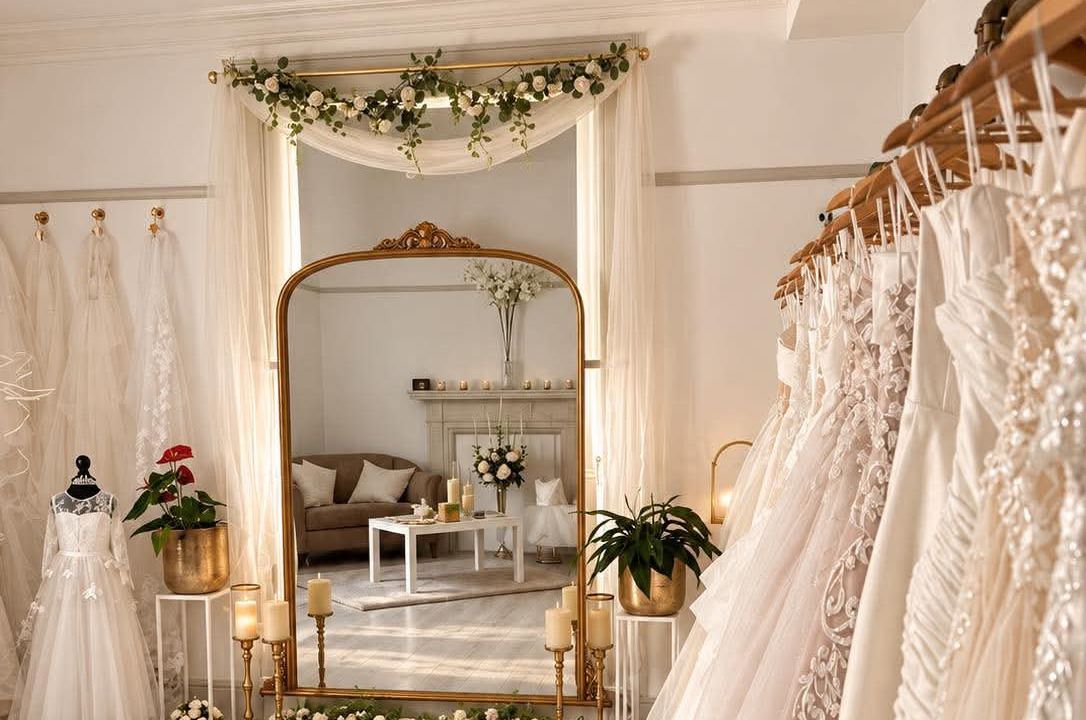 The bridal suite, with its gold mirror, garland of roses, sofa and rails of gowns